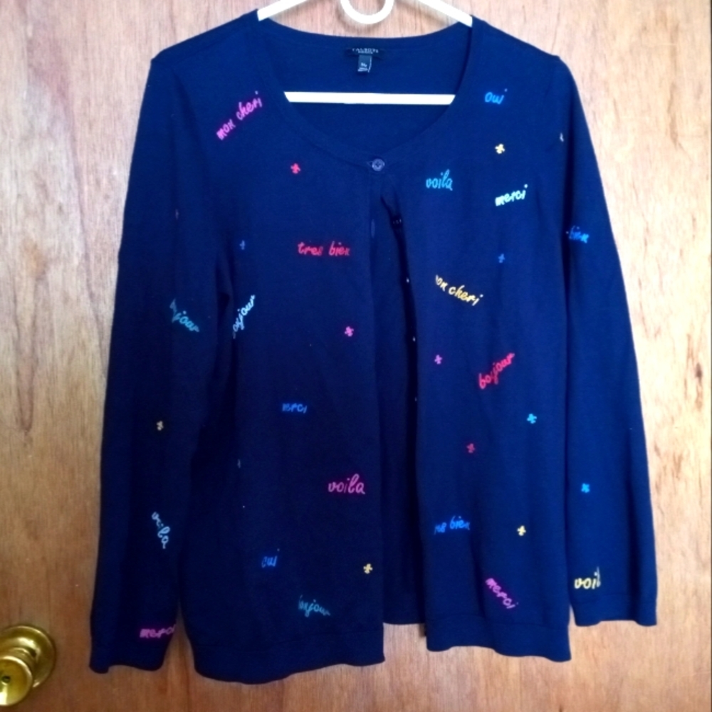 Talbot's Petites Size 1X Thin Cardigan Sweater With French Phrases